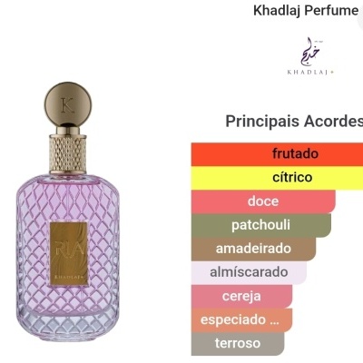 Frasco rosa de perfume Khadlaj com lista de acordes em cores várias