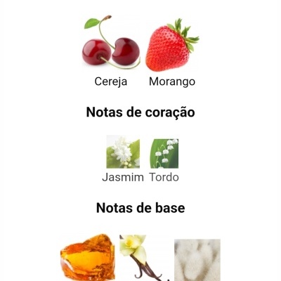 Notas de topo com cereja e morango, Notas de coração com jasmim e tordo, Notas de base com âmbar, baunilha e almíscar