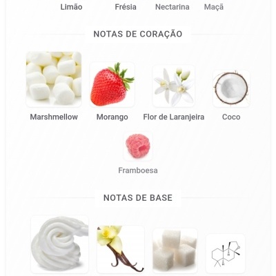 Diagrama de notas de perfume com imagens de frutas, flores e ingredientes doces