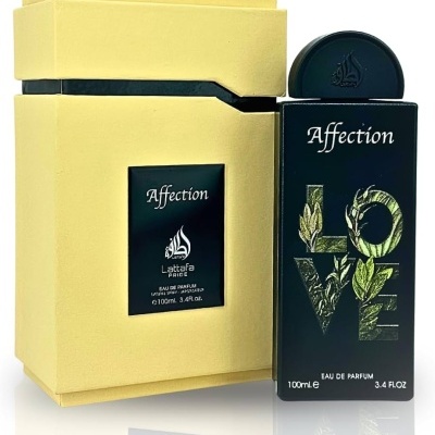 Frasco preto de perfume Affection Lattafa com elementos dourados ao lado de caixa amarela