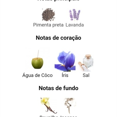 Notas principais, de coração e de fundo de fragrância com imagens correspondentes