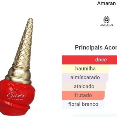 Frasco vermelho e dourado de perfume Gelato Amaran com descrição dos acordes principais