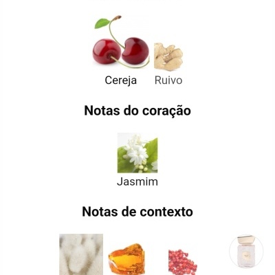 Ingredientes de fragrância com cereja, gengibre, jasmim, almíscar, âmbar e pimenta rosa, e frasco de perfume