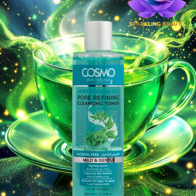 Frasco azul de toner COSMO com chávena de chá verde ao fundo