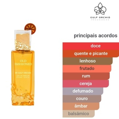 Frasco de perfume Old Fashioned amarelo com tampa e os principais acordos da fragrância listados ao lado.