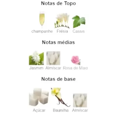 Notas de fragrância em três categorias: topo, médias e base com imagens dos ingredientes correspondentes.