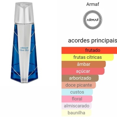Frasco de perfume Armaf Blue Sky azul e prata com gráfico de acordes principais ao lado