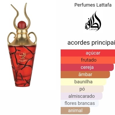 Frasco de perfume vermelho com tampa dourada e lista de notas olfativas em português