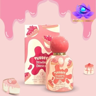 Frasco e caixa de perfume TUBBEES Strawberry Cheesecake com design rosa e creme e fatias de cheesecake morango