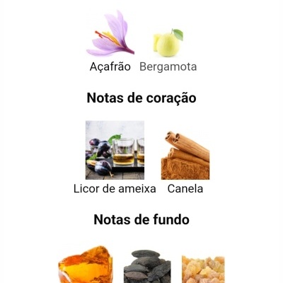 Notas principais e secundárias de fragrância com imagens de ingredientes naturais.