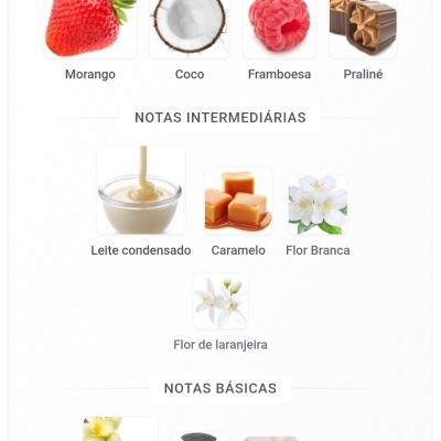 Notas principais, intermédias e básicas com imagens de morango, coco, framboesa, praliné, leite condensado, caramelo, flor branca e de laranjeira, baunilha, tonka, almíscar e sândalo.