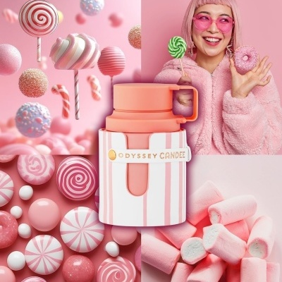 Frasco de perfume branco e rosa ODYSSEY CANDEE com doces rosa e jovem com casaco e óculos rosa segurando pirulito e donut