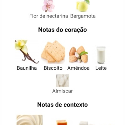 Notas olfativas com imagens de marshmallow, chocolate, café, flor de nectarina, bergamota, baunilha, biscoito, amêndoa, leite, almíscar, notas cremosas, caramelo, açúcar, âmbar e frasco rosa
