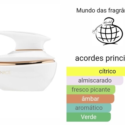 Frasco de perfume branco com detalhes dourados e lista de acordes principais de fragrâncias ao lado.