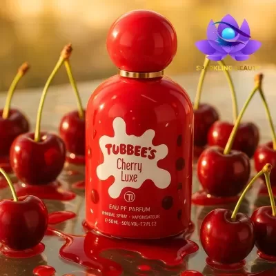 Frasco de perfume vermelho Tubbee's Cherry Luxe com cerejas ao redor