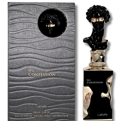 Frasco de perfume preto e dourado com tampa decorativa em forma de cabeça negra e dourada e embalagem preta texturizada