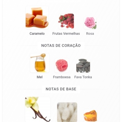 Imagens de ingredientes de fragrância divididos em notas de topo, coração e base