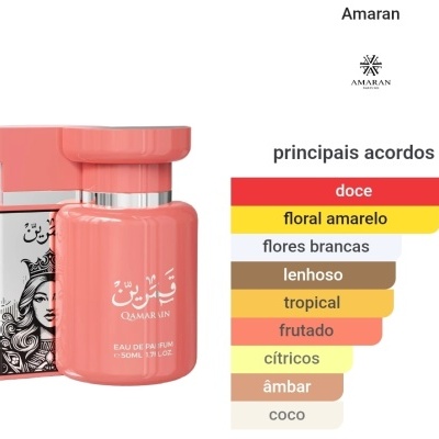 Frasco coral de perfume Qamarain com embalagem preta e branca e lista de acordos olfativos