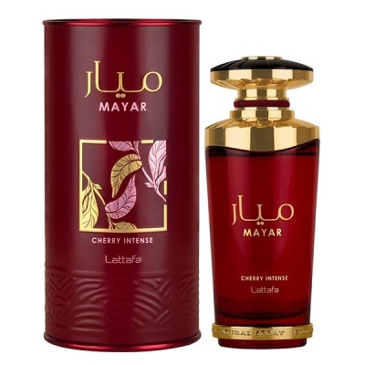Frasco e caixa de perfume Mayar Cherry Intense Lattafa em vermelho e dourado