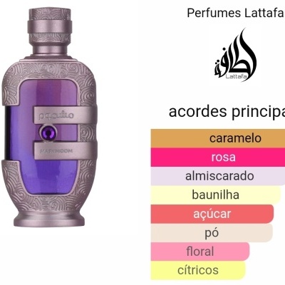 Frasco roxo de perfume Lattafa com detalhes metálicos e gráfico dos acordes principais