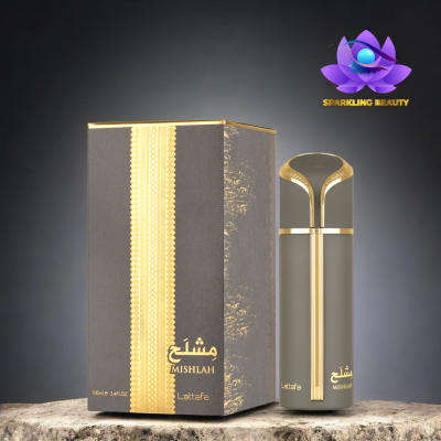 Perfume Mishlah Lattafa cinza com detalhes dourados