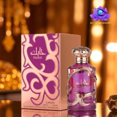Frasco de perfume roxo com caixa rosa e roxa HABIK