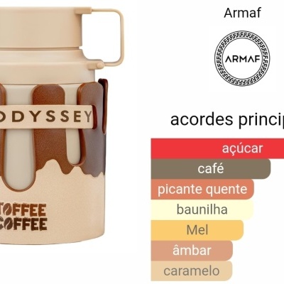 Frasco de perfume Armaf Odyssey Toffee Coffee com embalagem castanha e bege e acordes principais listados.