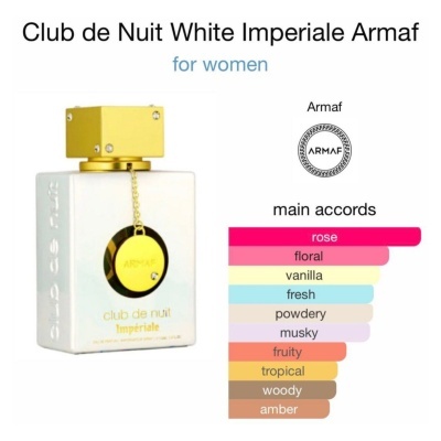 Frasco de perfume Club de Nuit White Imperiale Armaf para mulheres, vidro branco com tampa amarela e selo dourado