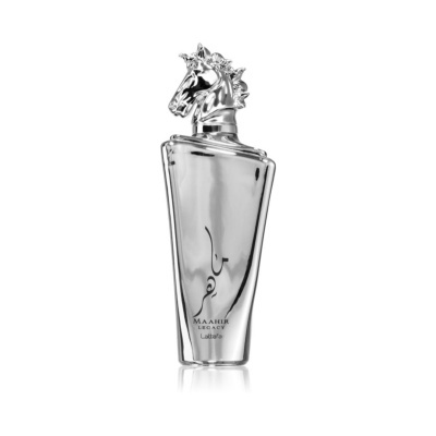 Frasco de perfume metálico prateado com tampa de cavalo