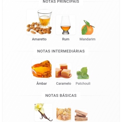 Notas olfativas principais, intermédias e básicas com imagens de ingredientes como amaretto, rum, mandarina, âmbar, caramelo, patchouli, baunilha, benjoim e sândalo