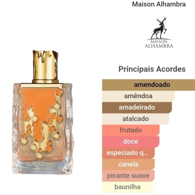 Frasco de perfume laranja com tampa dourada e lista de acordes olfativos da Maison Alhambra