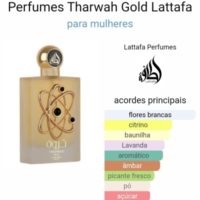 Frasco dourado de perfume Lattafa com decoração de átomos e texto