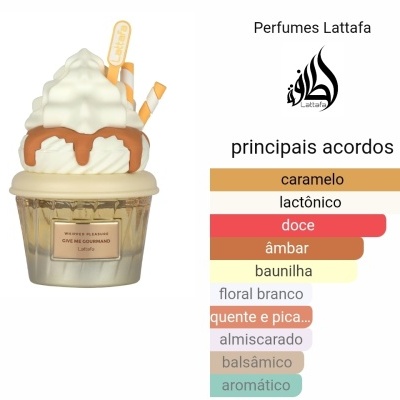 frasco de perfume em vidro com tampa decorada tipo sobremesa e texto WHIPPED PLEASURE GIVE ME GOURMAND Lattafa