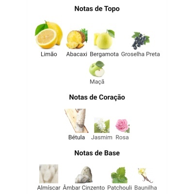 Notas de fragrância com imagens de limão, abacaxi, bergamota, groselha preta, maçã, bétula, jasmim, rosa, almíscar, âmbar cinzento, patchouli e baunilha.