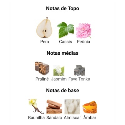 Notas olfativas de fragrância organizadas em três categorias: topo, médias e base com imagens correspondentes.
