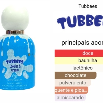 Frasco de perfume Tubbees Cookies & Cream azul e branco com lista de acordos