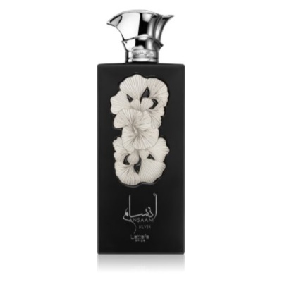 Frasco preto de perfume com tampa prateada e flores brancas em relevo