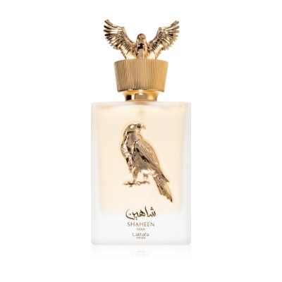 Frasco de perfume branco fosco com falcão dourado em relevo e tampa com falcão dourado