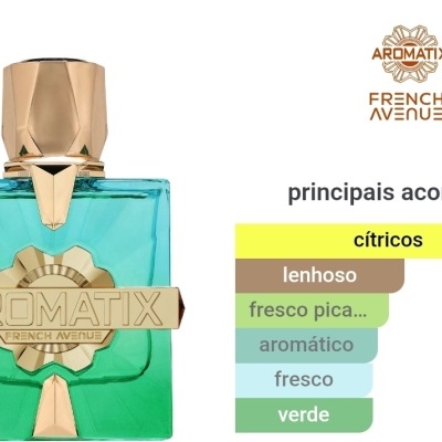 Frasco de perfume AROMATIX FRENCH AVENUE azul e verde com detalhes dourados