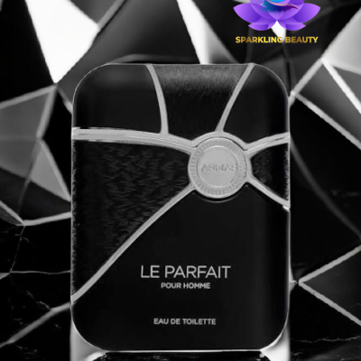 Frasco preto de perfume LE PARFAIT pour homme sobre fundo com padrão geométrico