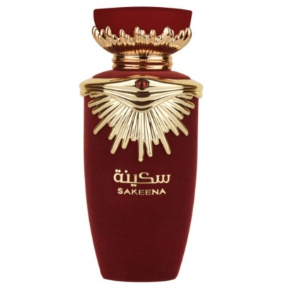 Frasco de perfume vermelho com detalhes dourados e texto Sakeena