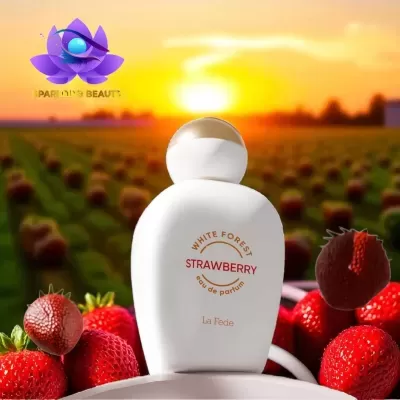 Frasco branco de perfume Strawberry com morangos e pôr do sol ao fundo