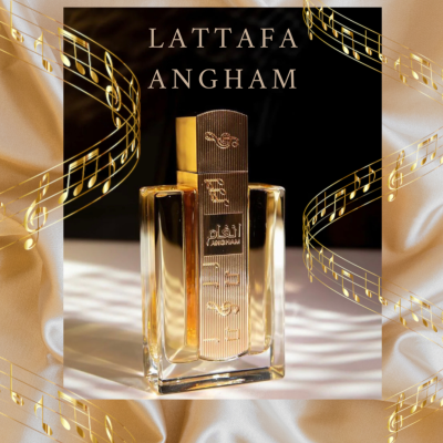 Frasco de perfume Lattafa Angham com tampa dourada e notas musicais