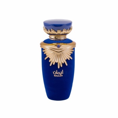 Frasco azul royal de perfume com detalhes dourados e texto EMAAN