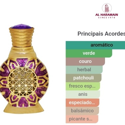 Frasco de perfume dourado e púrpura ao lado de gráfico colorido com acordes aromáticos e logótipo Al Haramain.