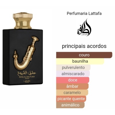 Frasco preto de perfume com tampa dourada e ornamento dourado em forma de cachimbo, texto árabe e inglês, mostrado ao lado de uma lista de aromas em várias cores.