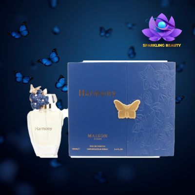Frasco de perfume Harmony com caixa azul decorada e borboletas azuis
