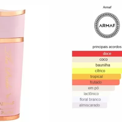 Frasco de perfume Armaf rosa com detalhes dourados e gráfico de acordes aromáticos