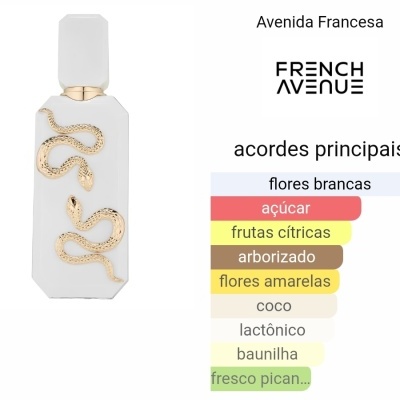 Frasco de perfume branco com cobra dourada em relevo e lista de acordes principais ao lado