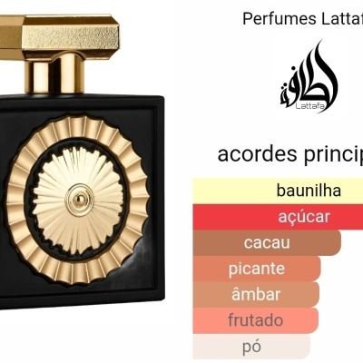 Frasco de perfume preto com detalhes dourados e texto NEBRAS Lattafa PRIDE ao lado com acordes principais do perfume.